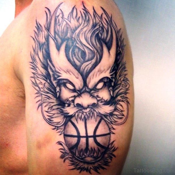 Devil And Basketball Tattoo On Shoulder
