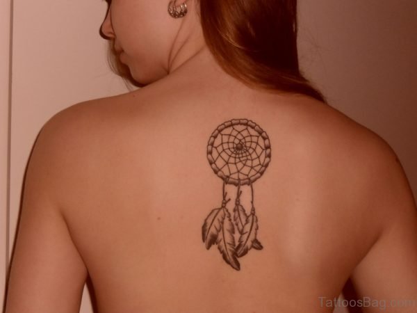 Dream Catcher Tattoo On Upper Back For Girls
