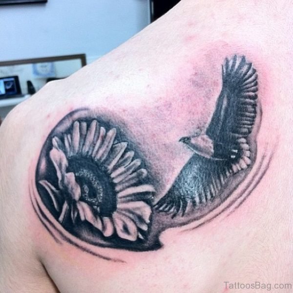Eagle And Sunflower On Tattoo Back Shoulder