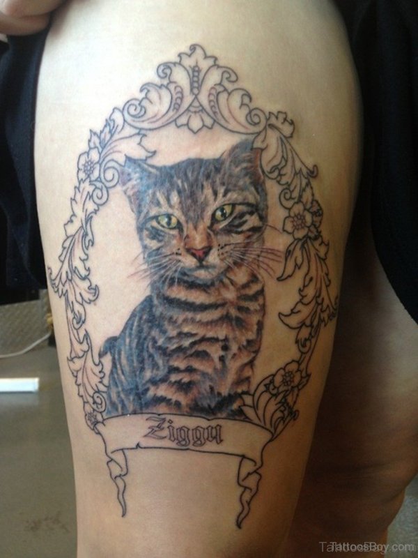 Elegant Cat Tattoo on Thigh