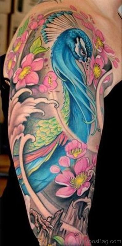 Fabulous Peacock Tattoo On Right Shoulder