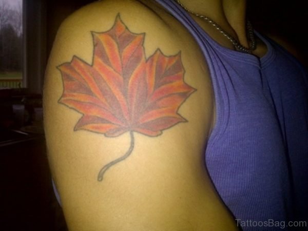 Fall Leaf Tattoo On Right Shoulder