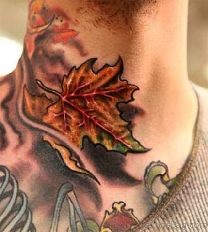 Fire and Flame With Maple Leaf Tattoo On Neck