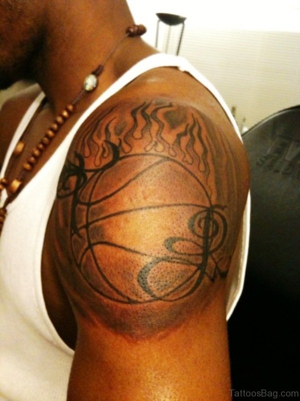 Flaming Basketball Tattoo On Shoulder
