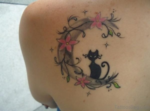 Flower Moon And Cat Tattoo On Shoulder