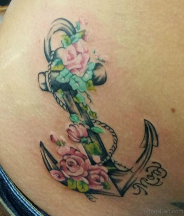 Flowers And Anchor Tattoo On Waist