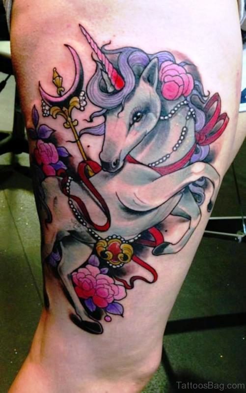 Flowers With Unicorn Tattoo Design
