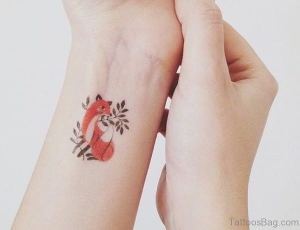 Fox With Leaves Tattoo On Wrist