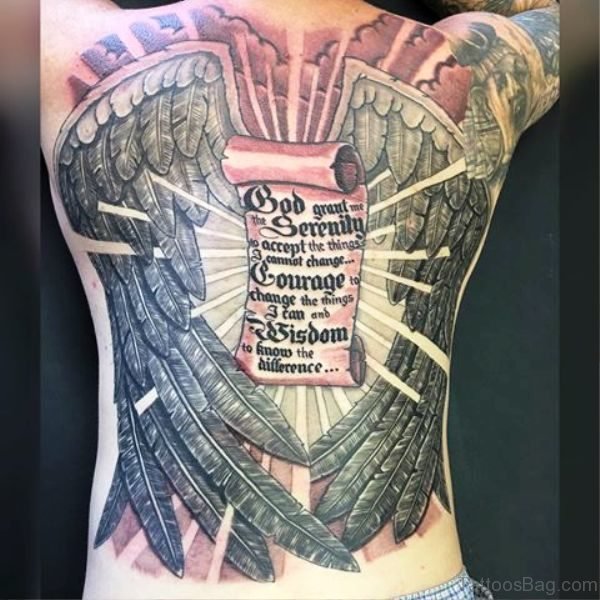 Full Back Scroll Tattoo With Big Wings