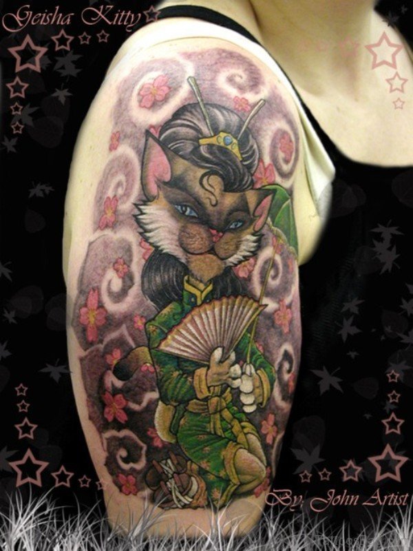 Funny Cat Tattoo Design On Shoulder