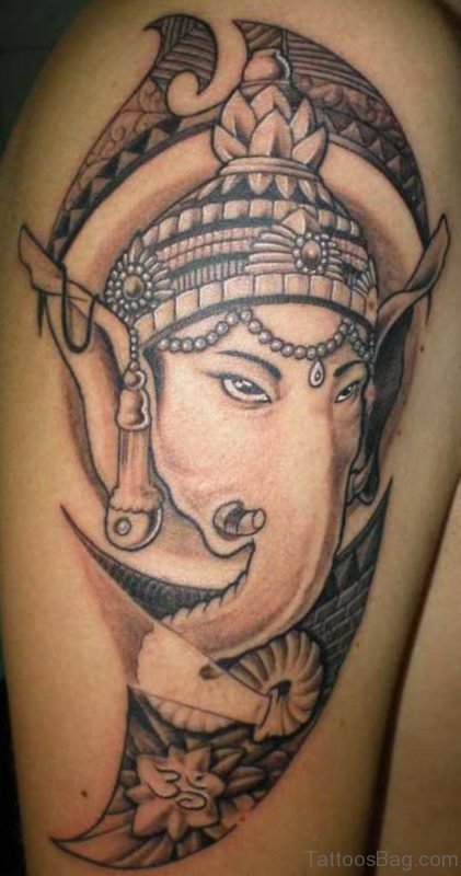 Ganesha Face Tattoo On Shoulder