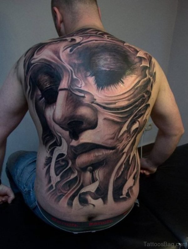 Girl Face Tattoo On Full Back 