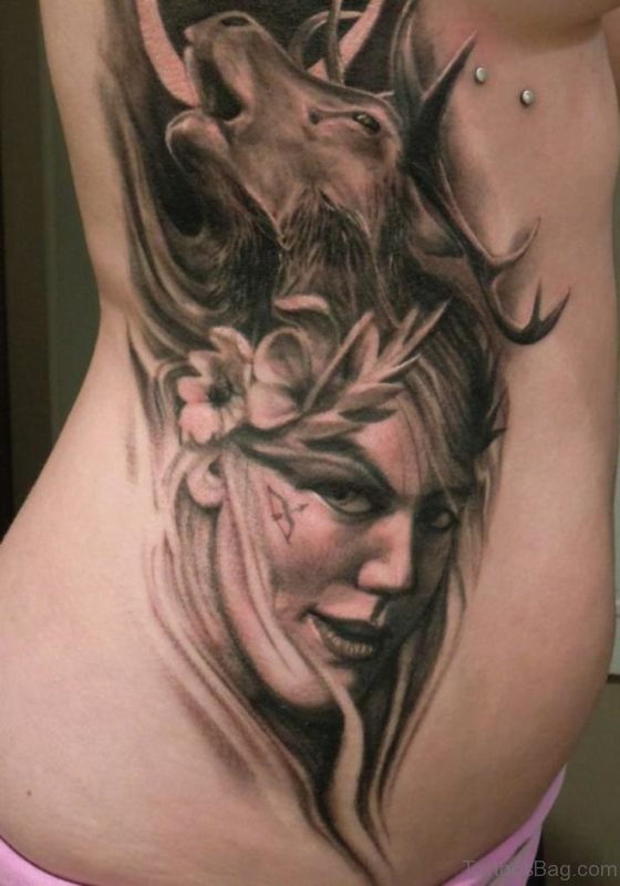 Girl Portrait Tattoo On Rib