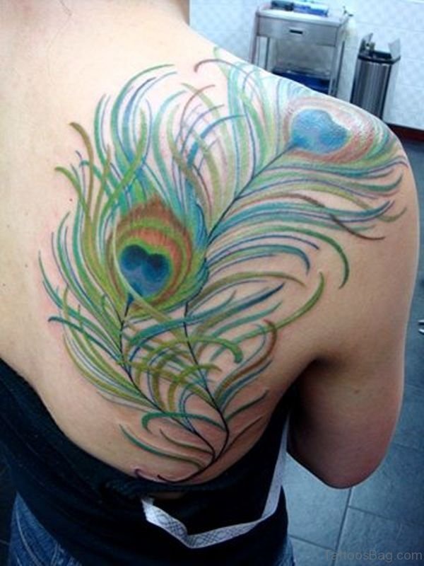 Green Peacock Feather Tattoo On Shoulder