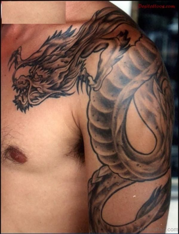 Grey And Balck Dragon Shoulder Tattoo