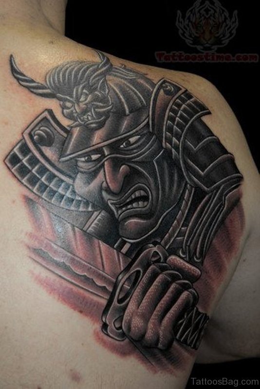 Grey And Black Ink Warrior Tattoo Design
