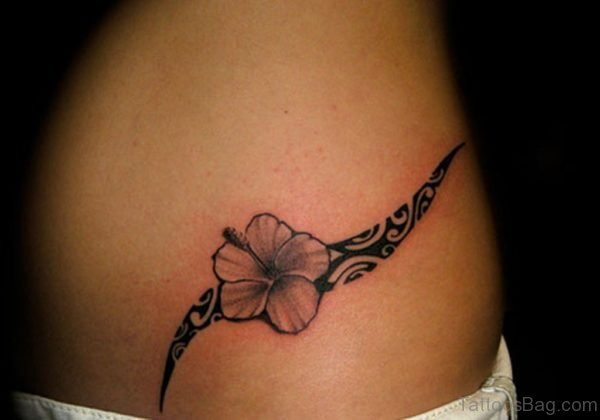 Grey Hibiscus Tattoo On Waist For Girls