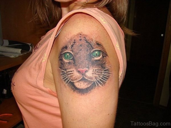 Grey Ink Cat Head Tattoo