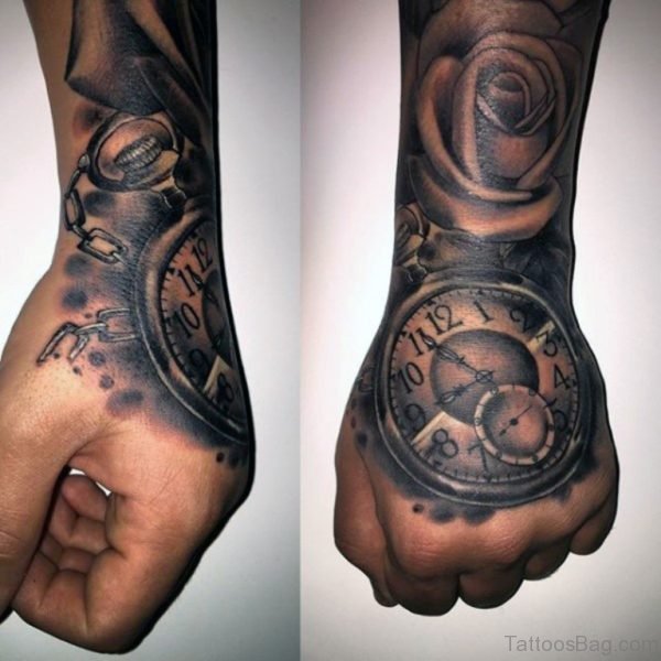 Grey Ink Clock Tattoo