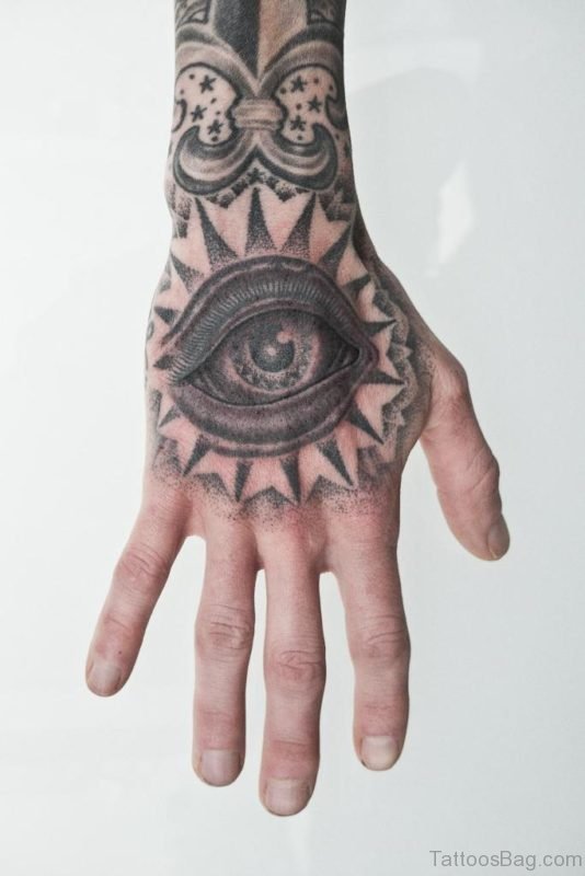 Grey Ink Eye Tattoo On Right Hand