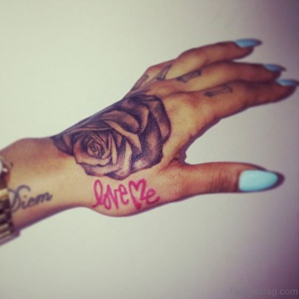 Grey Ink Rose Hand Tattoos For Women