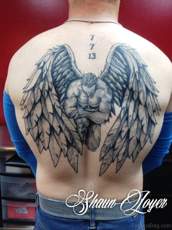 Grey Inked Archangel Tattoo On Back