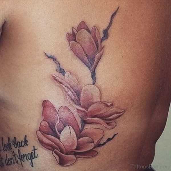 Grey Magnolia Tattoo On Rib