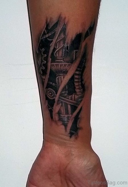 Grey Mechanical Tattoo On Wrist