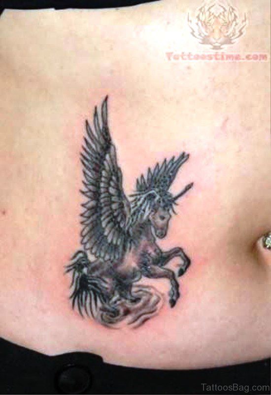 Grey Unicorn Tattoo On Stomach