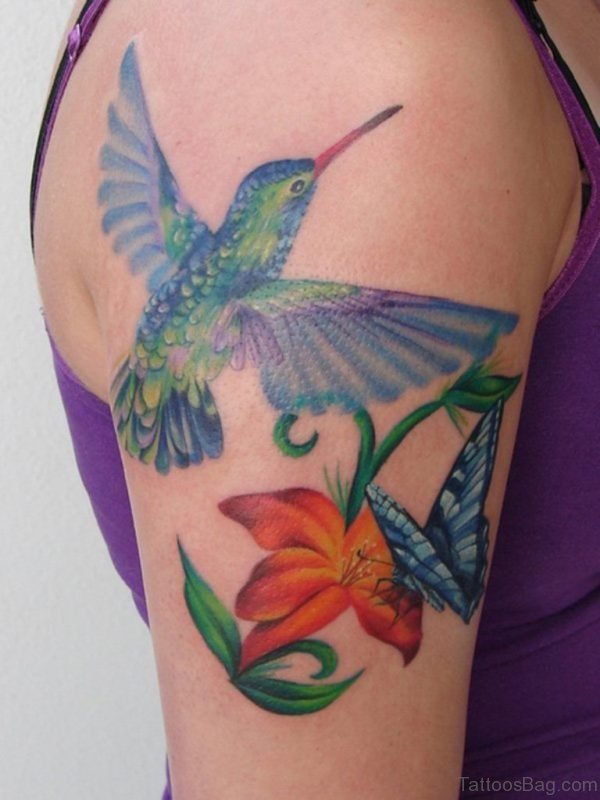 Hummingbird And Lily Tattoo On shoulder