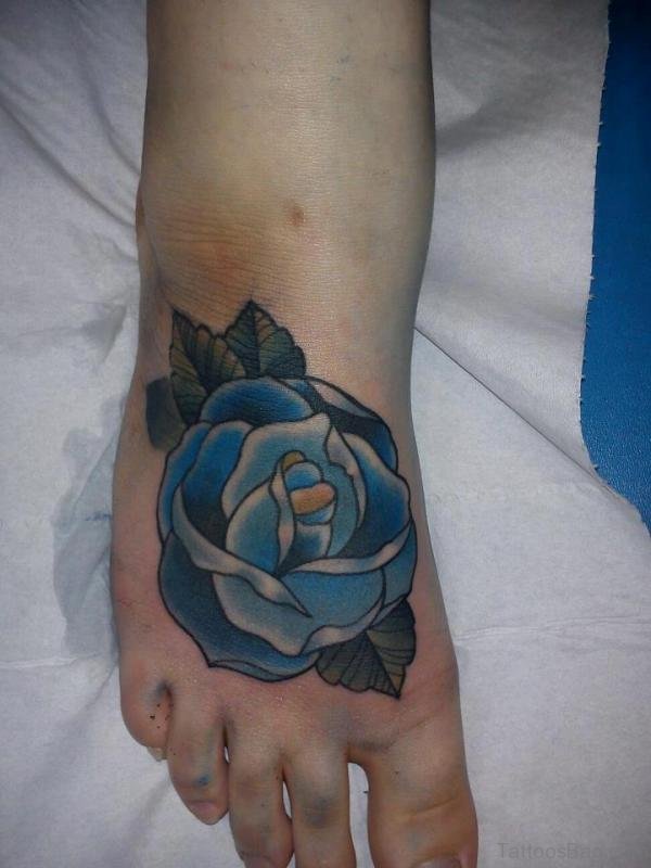 Impressive Blue Rose Foot Tattoo