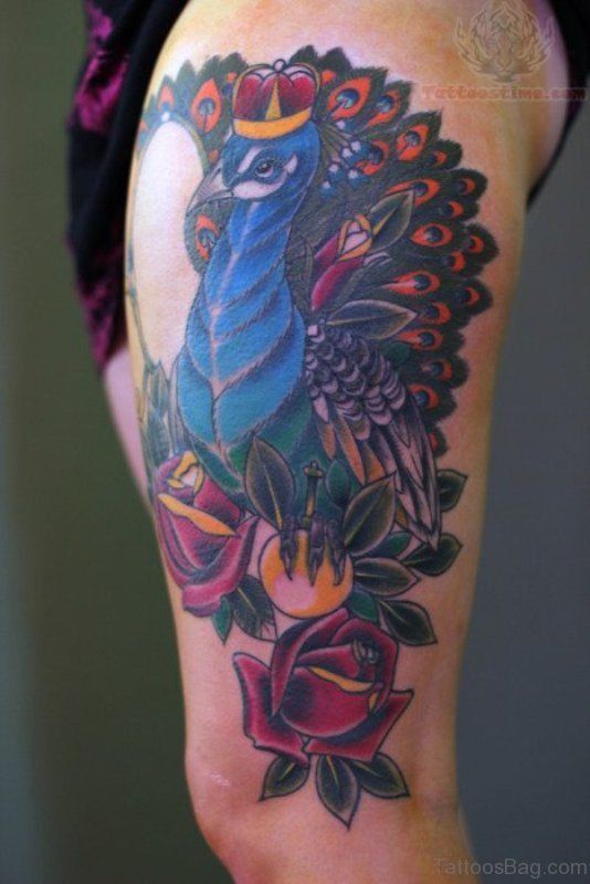 Impressive Peacock Tattoo On Thigh