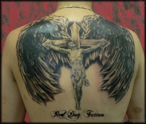 Jesus On Cross And Angel Wings Tattoo
