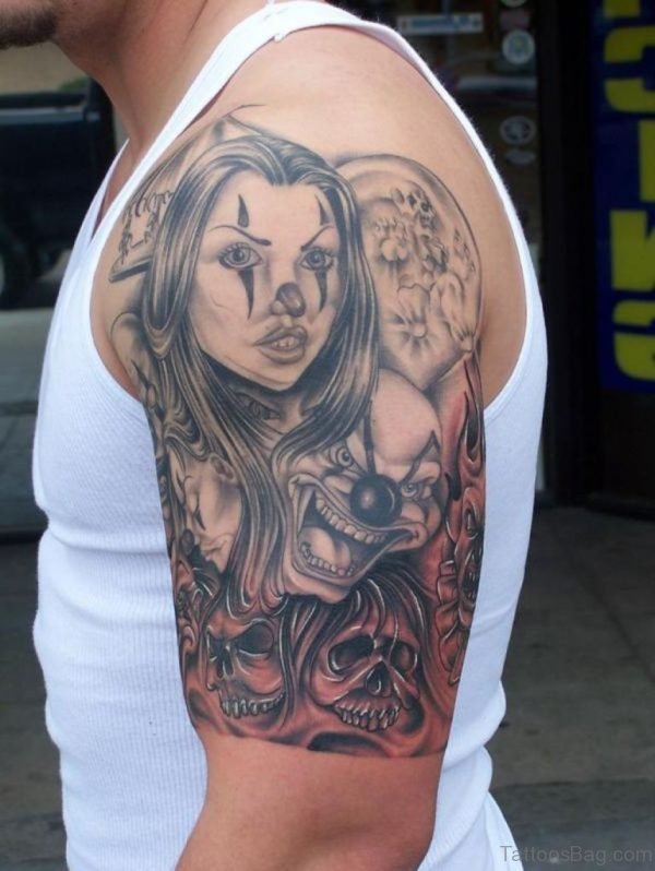 Joker And Skull Tattoo On Shoulder