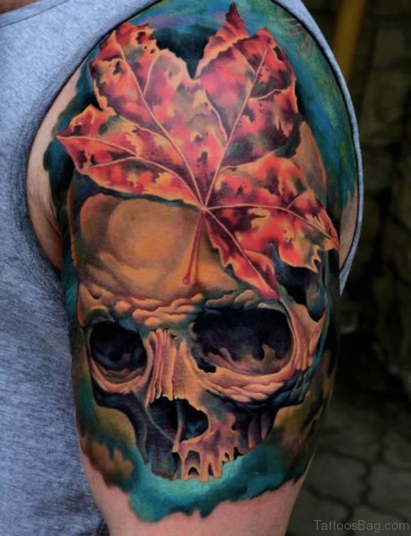 Leaf Skull Tattoo On Shoulder For Men