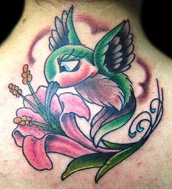 Lily Hummingbird Tattoo On Nape