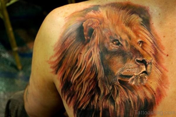 Lion Face Tattoo On Bach Shoulder