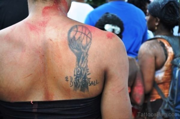 Love And Basketball Tattoo On Back Shoulder