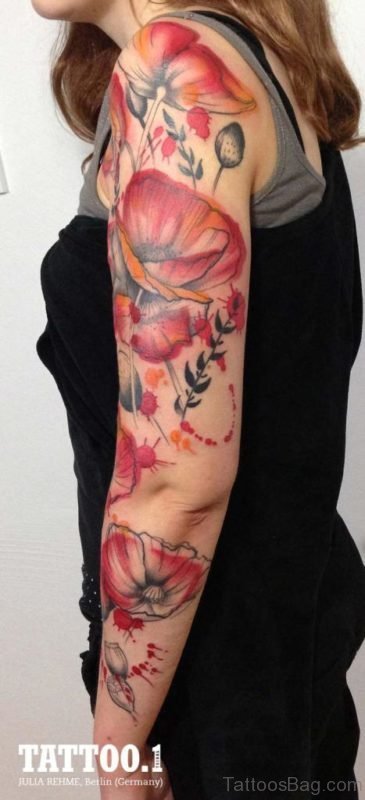 Magnolia Branch Tattoo On Full Sleeve 