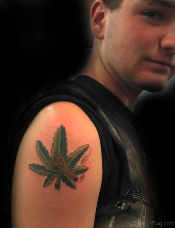 Marijuana Leaf Tattoo On Shoulder For Guys