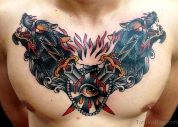 Mind Blowing Alpha Wolves Tattoo On Chest