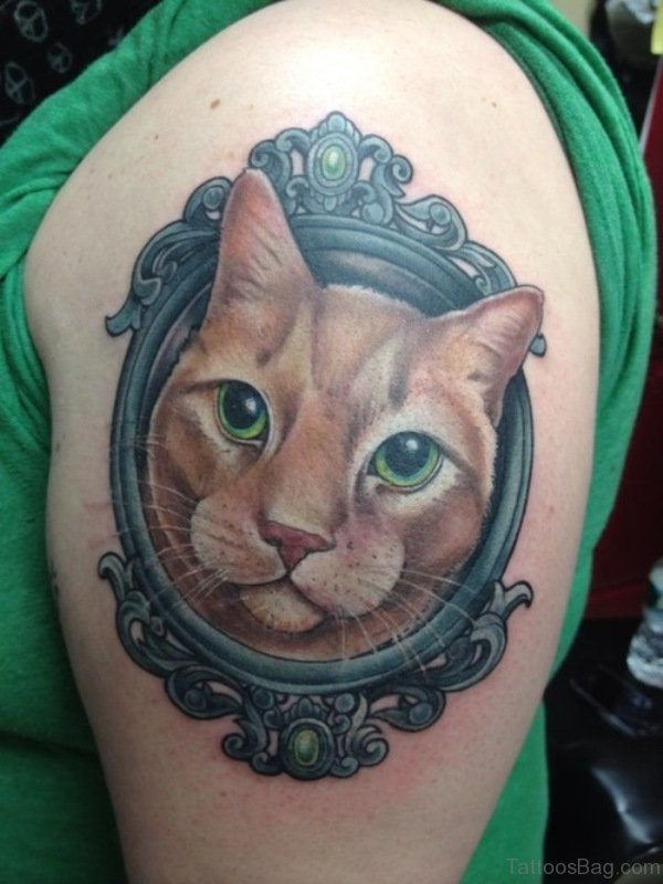 Mirror Cat Tattoo On Shoulder