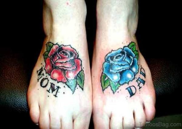 Mom Dad Blue Rose Foot Tattoo