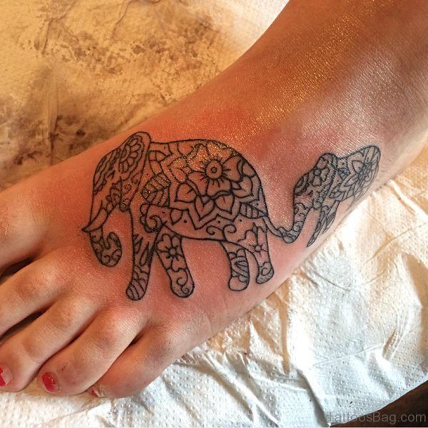 Mother And Child Elephant Tattoo On Foot