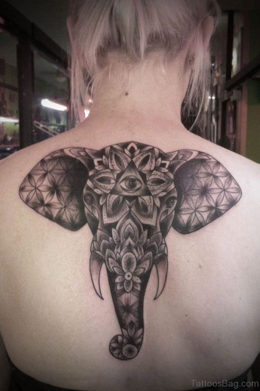 Nice Black Elephant Tattoo On Back