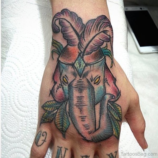 Nice Colorful Elephant Tattoo On Hand 1
