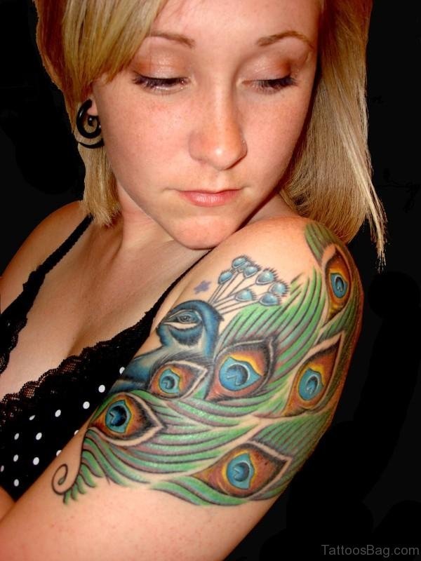 Nice Peacock Tattoo Design On Shoulder