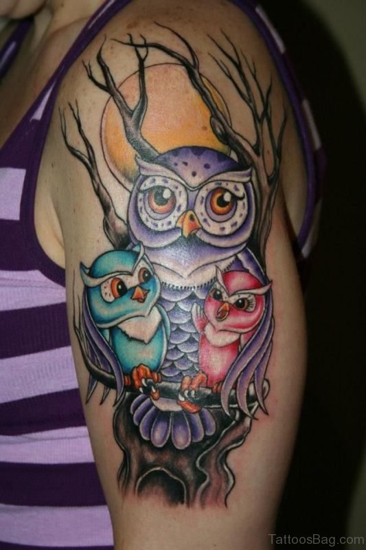 Owl Family Tattoo On Shoulder