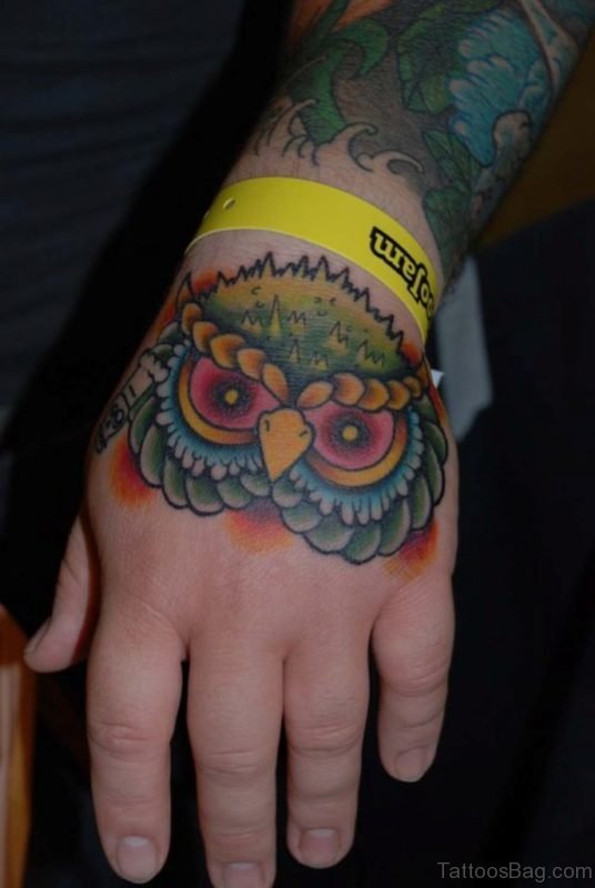 Owl Head Traditional Tattoo On Hand