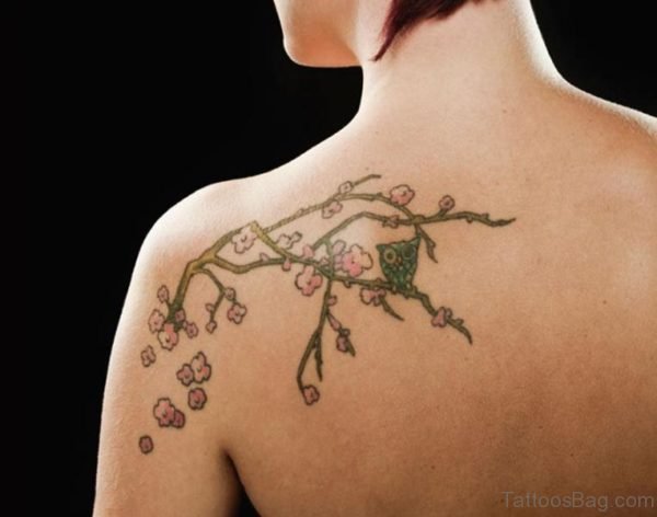 Owl Sitting Cherry Blossom Tree Tattoo